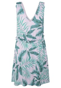 Vestido sin mangas de tela ligera con un escote en V profundo, cintura elástica y un patrón de hojas verdes sobre un fondo blanco.