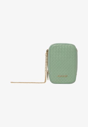 Kleine rechteckige grüne Umhängetasche mit gewebtem Muster, goldfarbener Kettenriemen und "Carlo Colucci" Logo auf der Vorderseite.