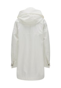 Weiße wasserdichte Jacke mit großer Kapuze, langen Ärmeln, knöpfbaren Manschetten und geradem Schnitt. Glatte Textur mit minimalen Designelementen.