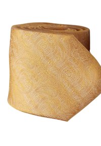 Gul mönstrad slips med en texturerad paisleymönster, tillverkad av mjukt tyg med en slät yta. Upprullad för visning.