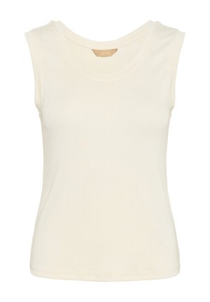 Débardeur blanc à rayures avec un design sans manches, col rond et texture lisse. Ourlet droit et coutures minimales pour une finition épurée.