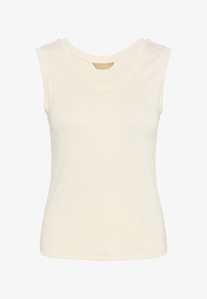 Bijela rebrasta majica bez rukava s okruglim izrezom i glatkom teksturom. Ravan rub i minimalni šavovi za uredan završetak.