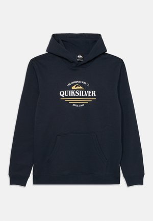 Navy blue hooded sweatshirt featuring a front kangaroo pocket, ribbed cuffs, and Quiksilver logo in white and gold text with a surf icon.