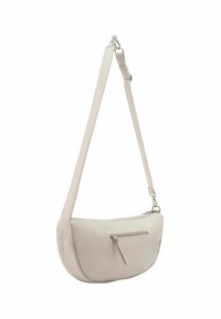 Sac en cuir crème en bandoulière avec une forme semi-circulaire, une fermeture zippée sur le dessus et une poche zippée à l'avant. Il dispose d'une bandoulière réglable et amovible.