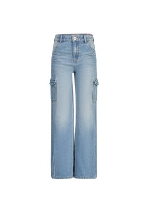 Hellblaue Jeans mit weitem Bein, hoher Taille und Klapptaschen an jedem Oberschenkel, Knopf- und Reißverschluss, keine sichtbaren Markenzeichen.