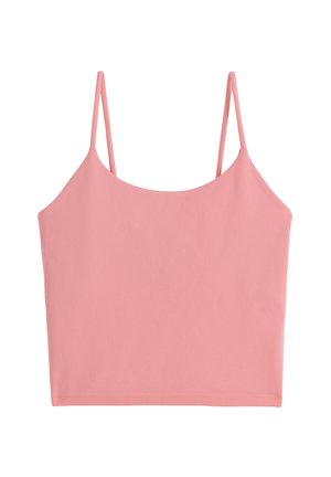Różowy krótki top na cienkich, spaghetti ramiączkach z prostym dekoltem, przedstawiony na białym tle.