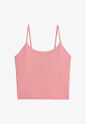 Top corto rosa con tirantes finos tipo espagueti y escote recto, mostrado sobre un fondo blanco.