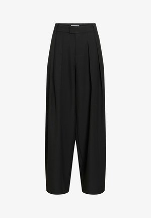 Mustad kõrge vöökohaga laia säärega püksid voldikute, vööaasade ja peidetud eesmise kinnitusega.