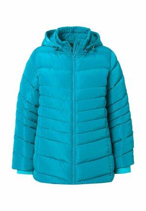 Giacca invernale imbottita turchese con cappuccio, maniche lunghe e chiusura frontale con zip, mostrata su uno sfondo bianco.