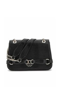 Borsa nera con un motivo a pelle di coccodrillo testurizzato, hardware in argento, doppi manici di cui uno a catena, e dettaglio con chiusura frontale.