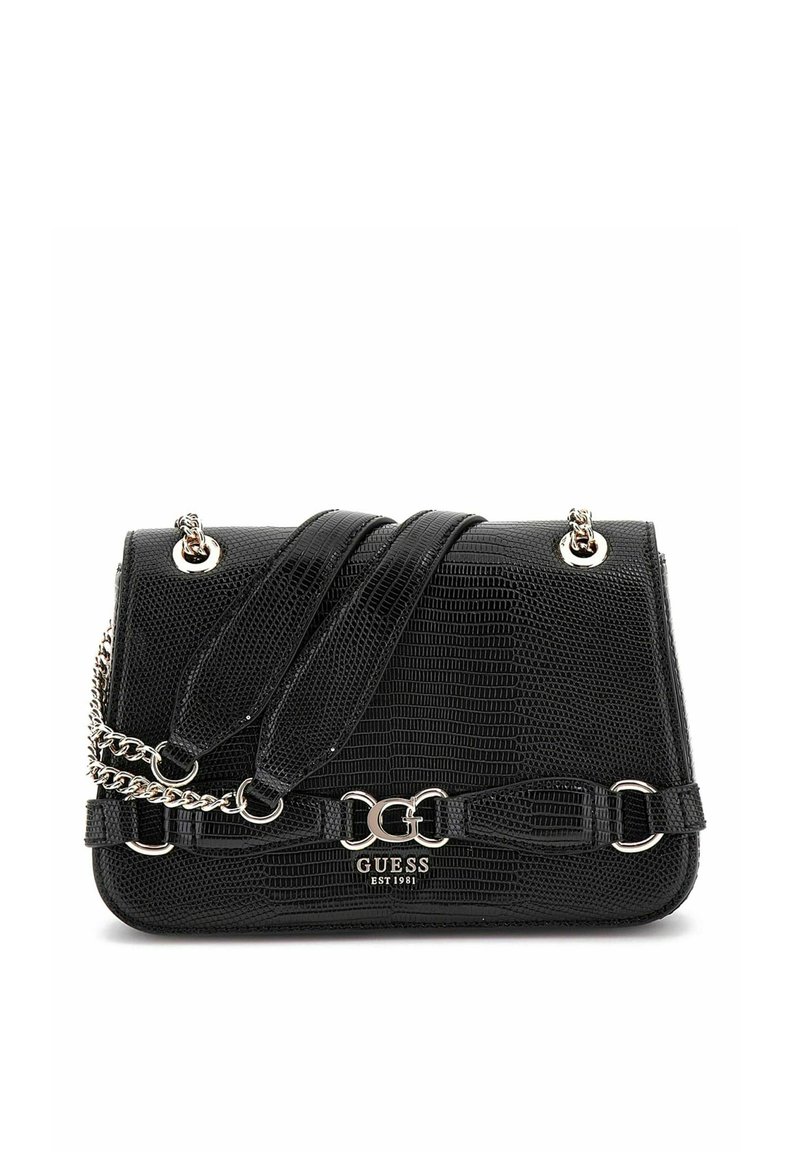 Borsa nera con un motivo a pelle di coccodrillo testurizzato, hardware in argento, doppi manici di cui uno a catena, e dettaglio con chiusura frontale.