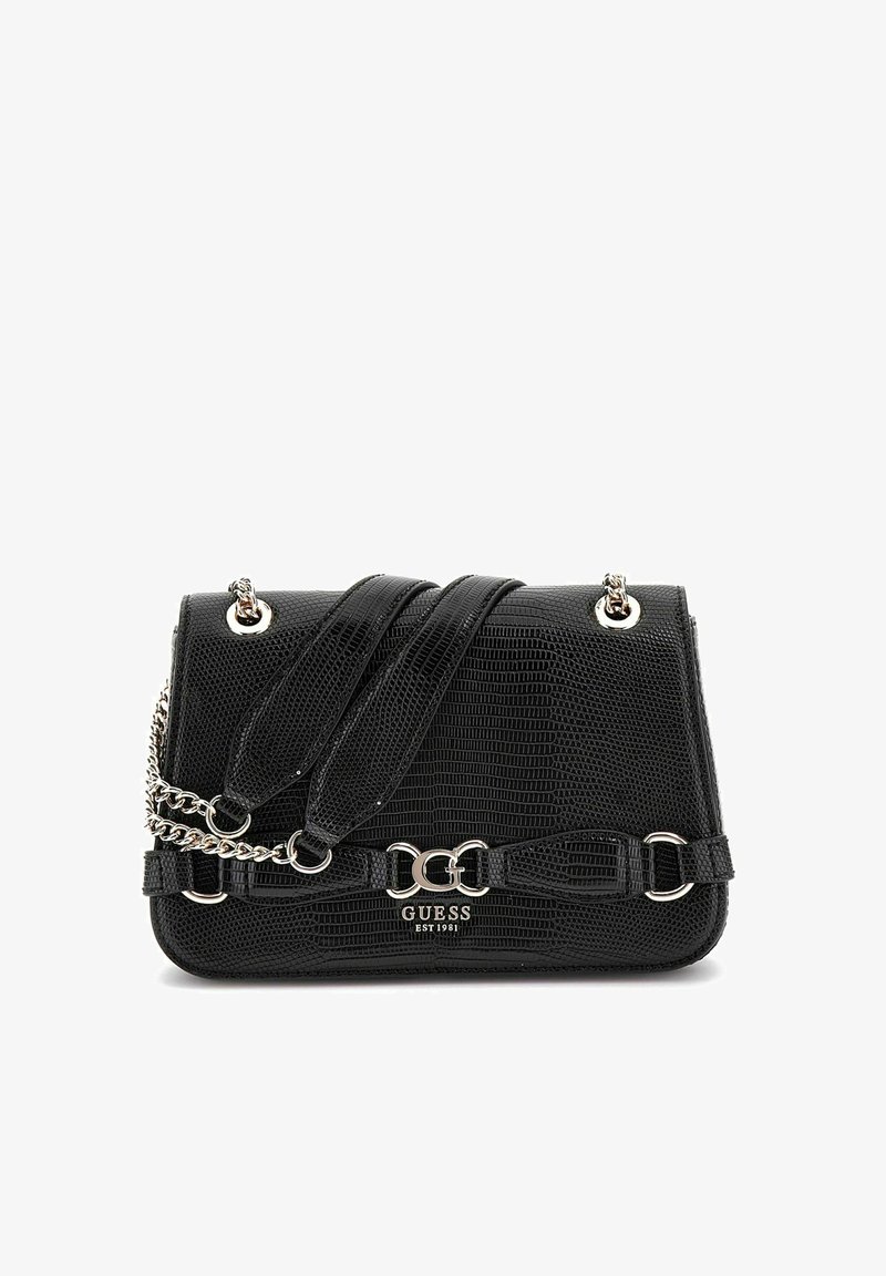 Borsa nera con un motivo a pelle di coccodrillo testurizzato, hardware in argento, doppi manici di cui uno a catena, e dettaglio con chiusura frontale.