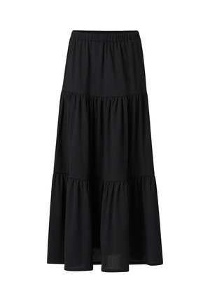 Zwarte gelaagde maxi-rok met elastische tailleband en geplooide stofpanelen die een vloeiende, gelaagde silhouet creëren.