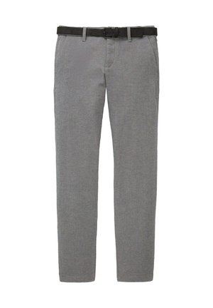 Pantaloni in tessuto grigio con finitura testurizzata, una cintura nera, tasche laterali e gambe affusolate. Design semplice senza motivi visibili.