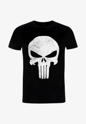 Czarny bawełniany T-shirt z dużą, postarzaną białą grafiką czaszki z wyraźnymi oczodołami i pionowymi paskami. Krótkie rękawy, okrągły dekolt.