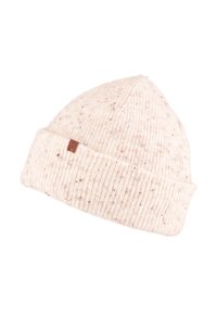Czapka wełniana w jasnym kremowym kolorze z brązowymi i oranżowymi plamkami. Z mankietem i małą brązową naszywką z logo po boku.