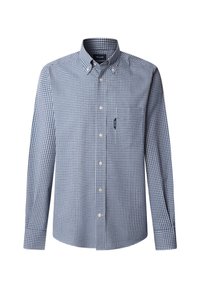 Camisa de manga larga a cuadros azul y blanca con cuello abotonado, bolsillo en el pecho y corte clásico. Tejido de algodón con una textura suave.