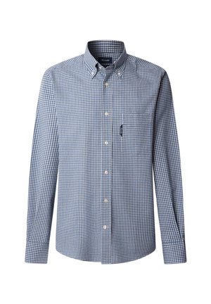 Niebieska i biała koszula w kratę z długim rękawem, z kołnierzykiem zapinanym na guziki, pojedynczą kieszenią na piersi i klasycznym krojem. Wykonana z bawełny o gładkiej teksturze.