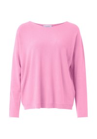 Pink, long-sleeve sweater with a loose fit and wide neckline. Soft texture and simple design, featuring a slight drop shoulder.