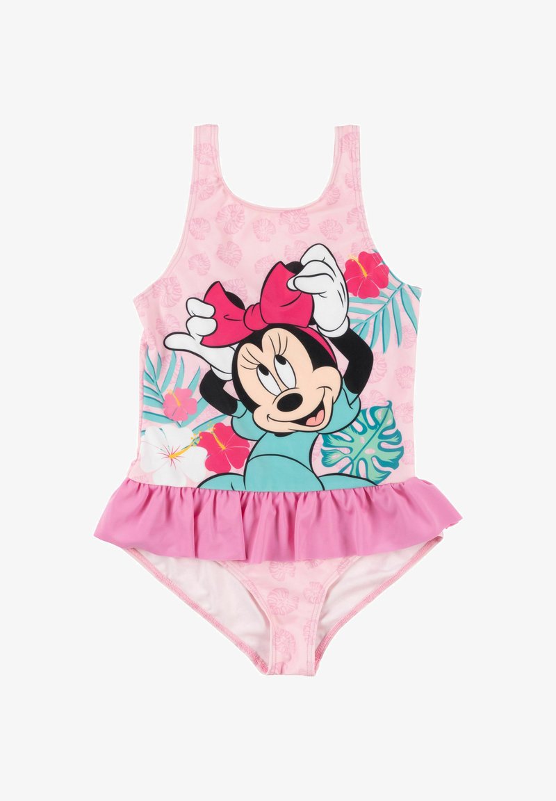 Pink toddler swimsuit with ruffled skirt, featuring Minnie Mouse with a red bow and tropical floral and leaf patterns.