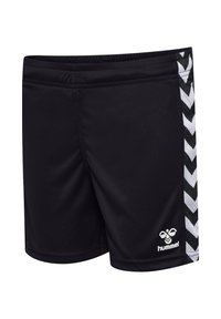 Svarta idrottsshorts med vävt mönster, med vita chevron detaljer på sidorna och en vit logotyp längst ner fram. Elastisk midja.