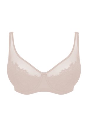 BH aus nude-farbenem Mesh und Spitze, mit Bügel, breiten Trägern, filigraner Spitzenverzierung entlang der Cups und einem Frontverschluss.
