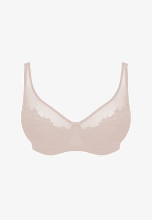BH aus nude-farbenem Mesh und Spitze, mit Bügel, breiten Trägern, filigraner Spitzenverzierung entlang der Cups und einem Frontverschluss.
