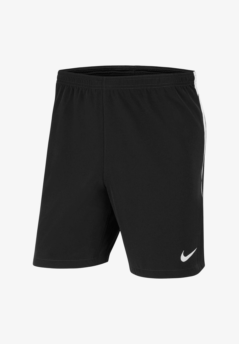 Pantaloni da ginnastica neri realizzati in un tessuto leggero, con un design minimalista caratterizzato da accenti bianchi sui lati e un piccolo logo sull'orlo.