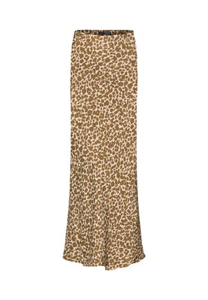 Jupe longue beige avec un motif léopard abstrait marron et vert olive, cintrée à la taille, ourlet fluide.