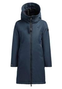 Marineblauer isolierter Mantel mit hohem Kragen, Reißverschluss und zwei Seitentaschen. Verfügt über eine abnehmbare Kapuze und ein glattes, mattes Finish.