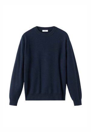 Granatowy sweter z dzianiny o okrągłym dekolcie, opuszczonych ramionach oraz ściągaczowych mankietach i dolnym brzegu. Gładka tekstura i luźny krój.