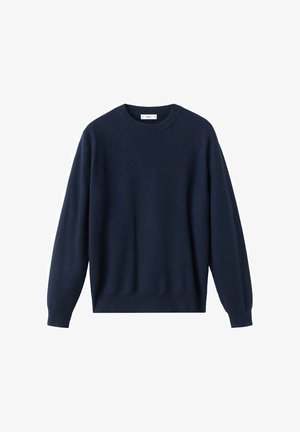 Granatowy sweter z dzianiny o okrągłym dekolcie, opuszczonych ramionach oraz ściągaczowych mankietach i dolnym brzegu. Gładka tekstura i luźny krój.