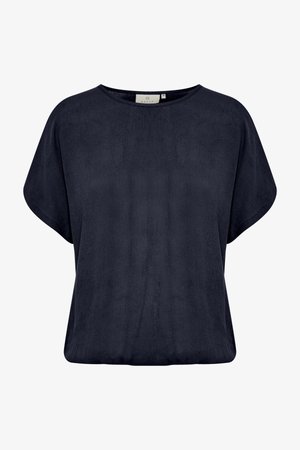 Marineblaue kurzärmlige Bluse mit einem weit ausgeschnittenen Rundhals. Hergestellt aus weichem, leichtem Stoff mit einer lockeren, lässigen Passform und glatter Textur.