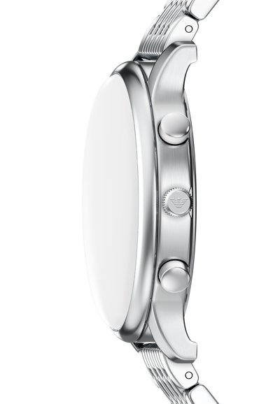 Edelstahluhr mit einem glatten weißen Gehäuse. Verfügt über zwei Seitentasten und ein strukturiertes silbernes Armband mit feinen vertikalen Linien.