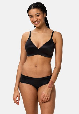 Schwarzer BH und passende Hipster-Unterwäsche aus glattem Material, mit tiefem Ausschnitt und klassischem Trägerdesign.
