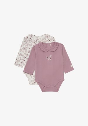 Set van twee baby rompertjes: één effen lavendel met een ruches kraag en bloemenborduurwerk, en één witte met een klein bordeauxrood bloemenpatroon.