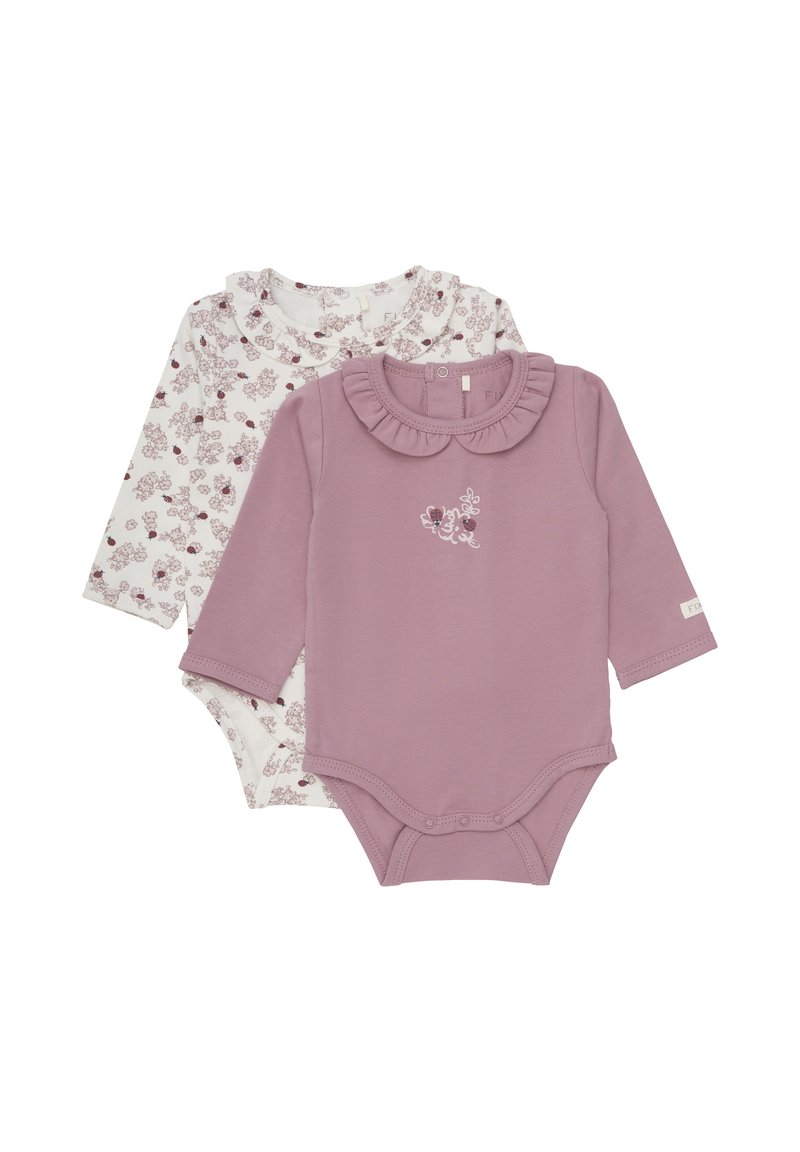 Sæt bestående af to baby bodystockings: en ensfarvet lavendel med flæsekrave og blomsterbroderi, og en hvid med et lille bordeaux blomsterdesign.