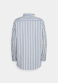 Striped shirt featuring vertical blue and white stripes, long sleeves, button-down collar, and a curved hemline. Cotton material.