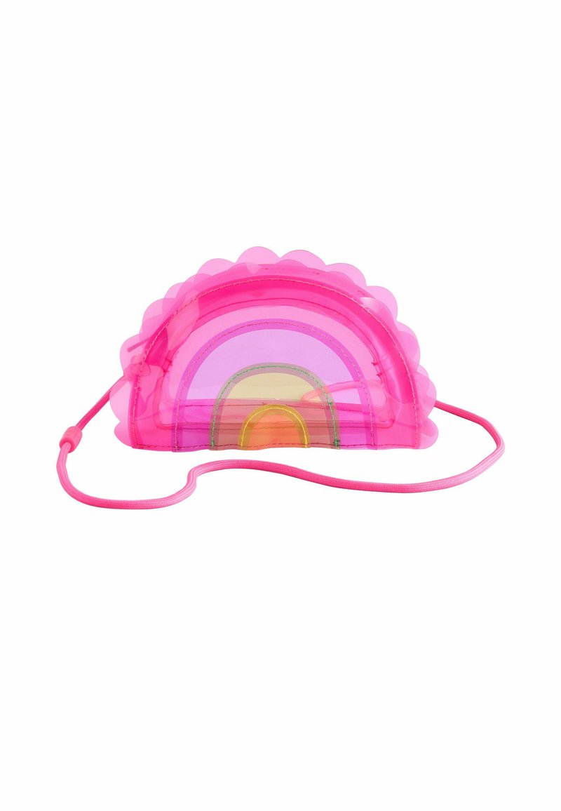Lyserød gennemsigtig plastikpose formet som en regnbue, med bølgede kanter og en snorelukning med et multifarvet inderside design.