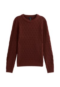 Gebreide bordeauxrode trui met een gestructureerd kabelpatroon. Voorzien van een ronde halslijn en lange mouwen, gemaakt van zacht en comfortabel materiaal.