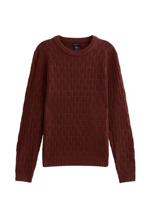 Stickad vinröd tröja med en texturerad, flätad design. Har en rund halsringning och långa ärmar, tillverkad av mjukt, mysigt material.