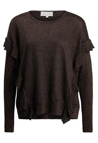 Pull tricoté à manches longues de couleur marron foncé avec scintillement, présentant des détails à volants le long des manches et des côtés, et un col rond.