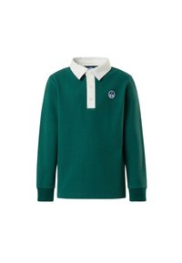 Camisa polo de manga larga en verde con un collar blanco y tres botones. Presenta un logotipo azul redondo en el lado izquierdo del pecho. Fabricada en algodón.