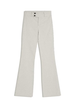 Béžové nohavice s tenkými vertikálnymi čiernymi pruhmi, s vysokým pásom, dvoma čiernymi gombíkmi a rozšírenými nohavicami.