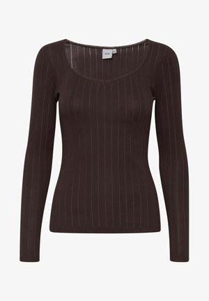 Haut marron à manches longues côtelées avec un motif subtil de rayures verticales et un col carré arrondi.