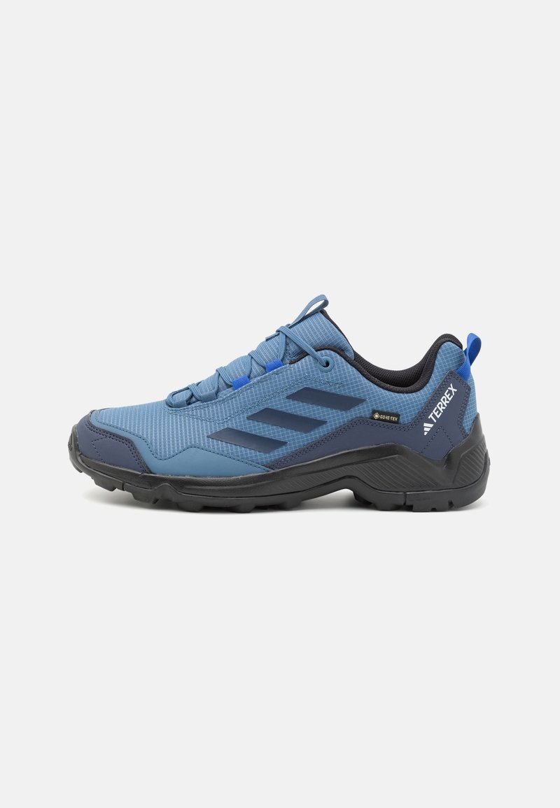 Blue hiking shoe with textured upper, dark blue accents, rubber sole, and lace closure. Features logo and waterproof GORE-TEX detailing.