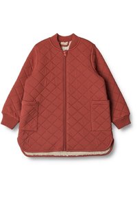 Quiltet rustfarvet børnejakke med forlommer, ribstrikkede manchetter, krave og fuld lynlås, foret med cremefarvet fleece.