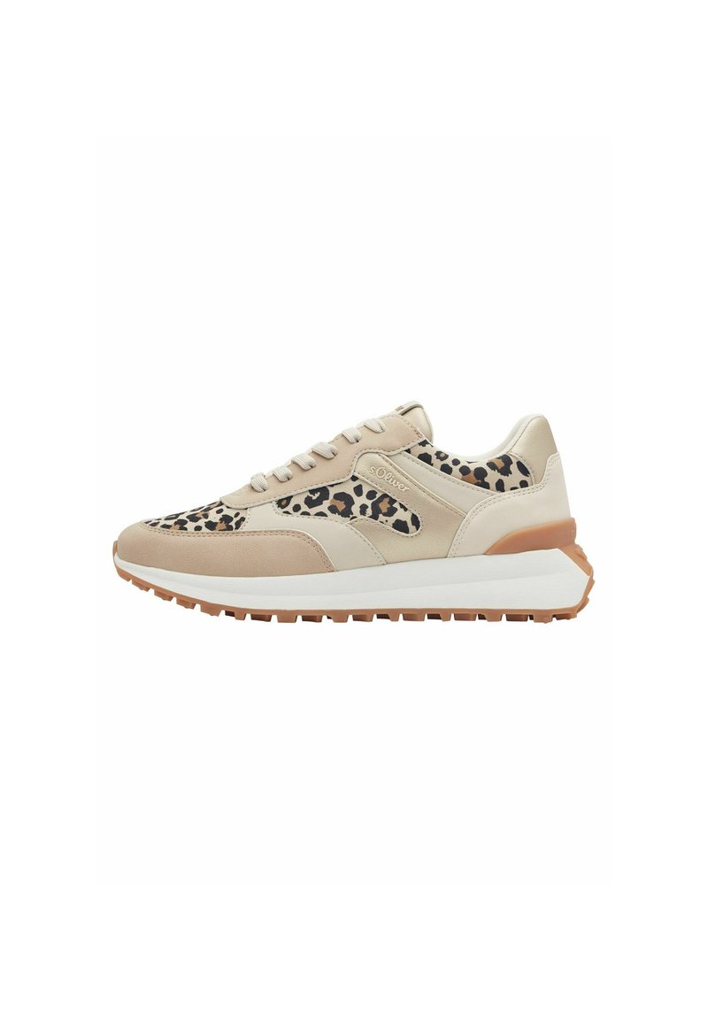 Sneakers med en beige och leopardmönstrad ovandel, med en vit mellansula och en brun gummisula. Släthet material med snörningsdesign.