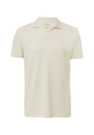 Polo à manches courtes en crème, avec un col en V et une texture de tissu lisse. Design simple sans motifs ni accents.