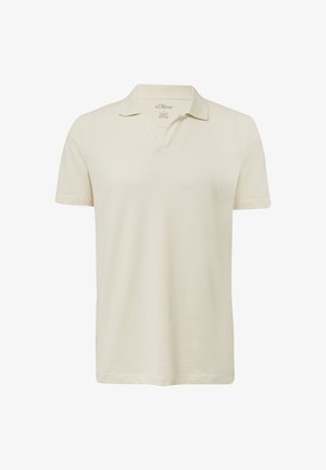 Kurzarm-Polohemd in Creme, mit V-Ausschnitt, Kragen und einer glatten Stofftextur. Einfaches Design ohne Muster oder Akzente.